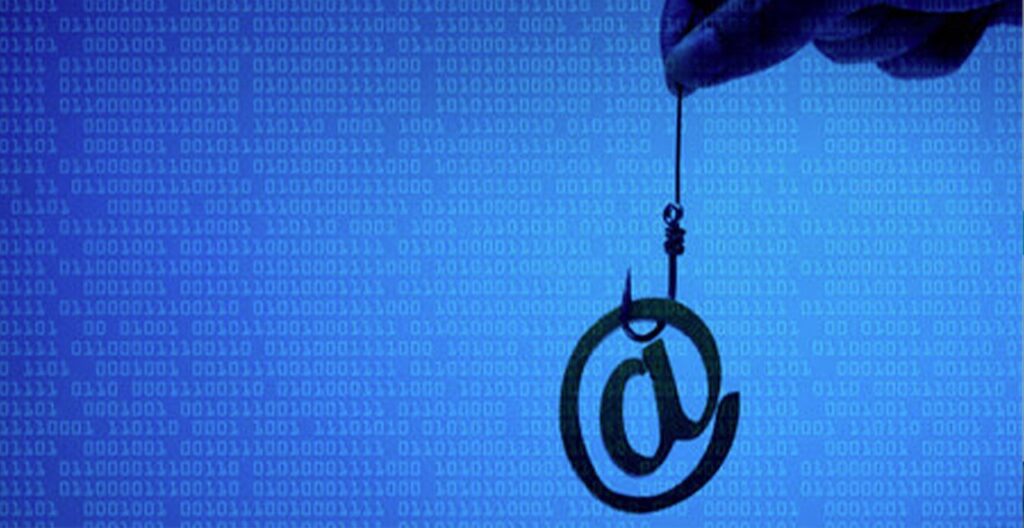 at symbol held by a fish hook on a blue code background