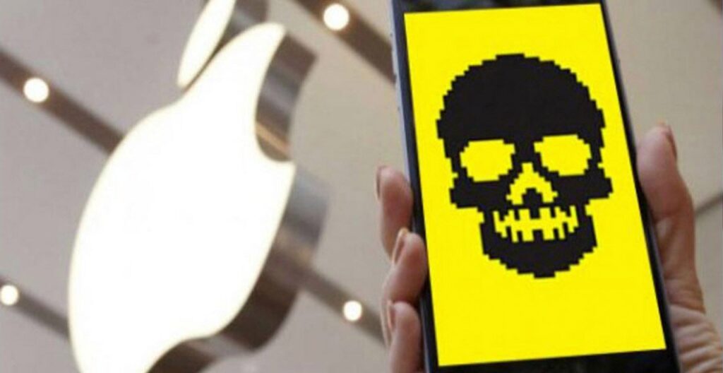 Person holding smart phone with skull on screen