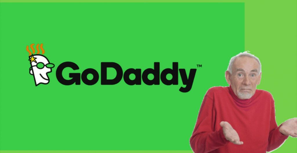 GoDaddy logo with man shrugging