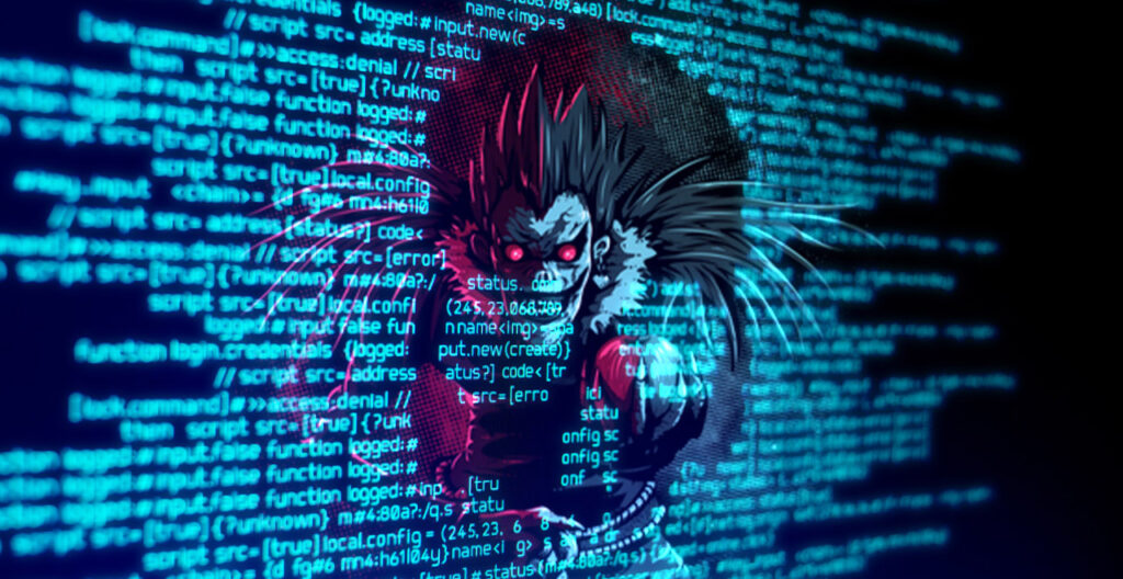 Ryuk Ransomware with Skull Outline on Computer Code
