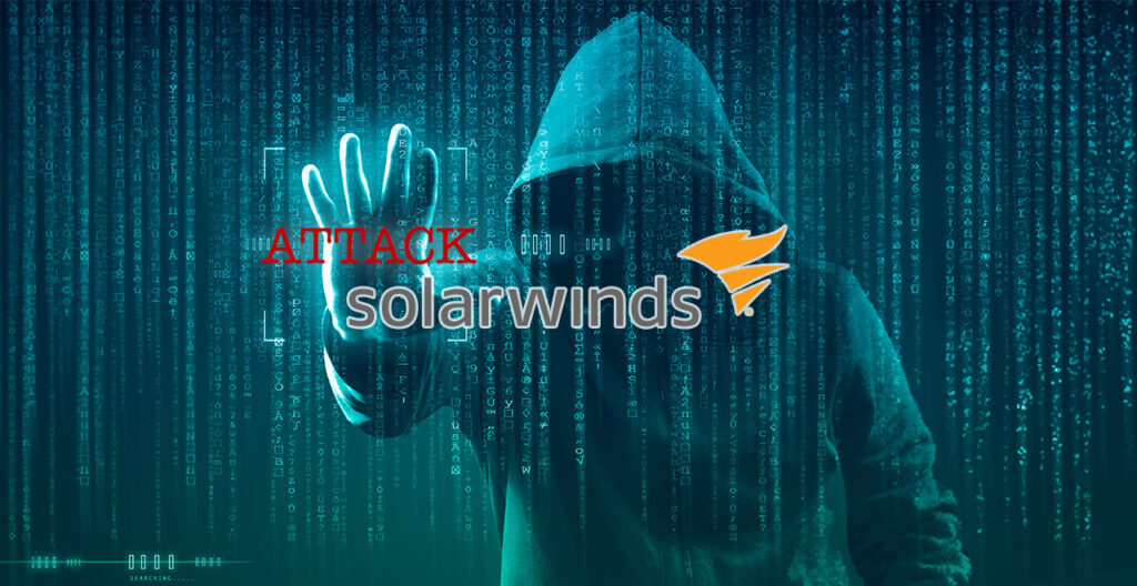 Binary Code over Hooded Hacker with words Attack and SolarWinds